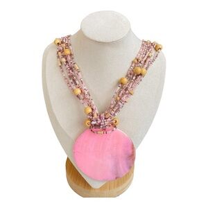 Vintage EsMor Pink Seed Bead & Statement Mother of Pearl Shell Pendant Necklace